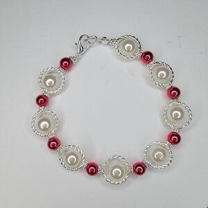 Handmade Beaded Red And White Bracelet